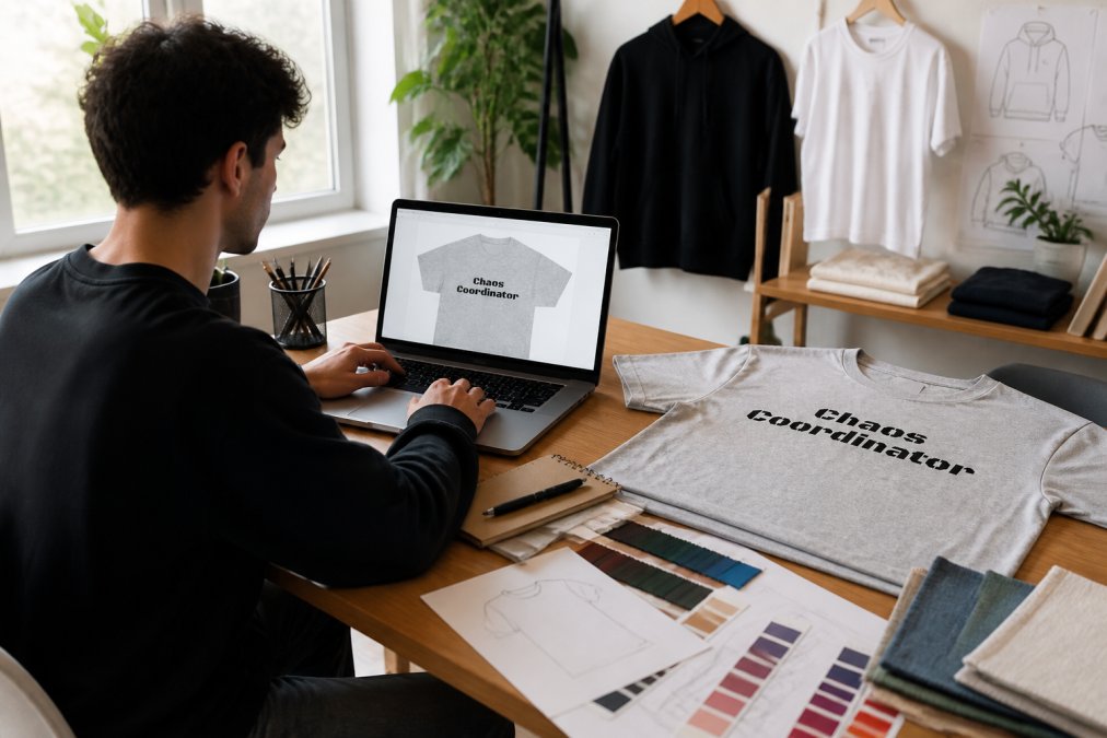 Content creator at a desk using design software on a laptop, surrounded by fabric swatches and apparel mockups in natural window lighting