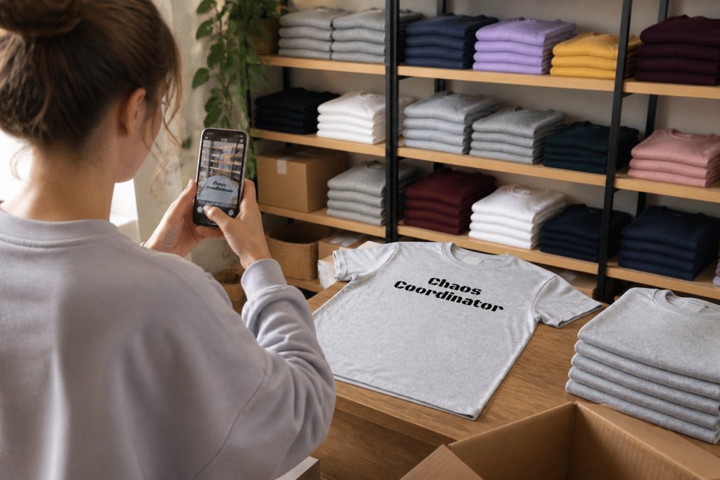 Organized shelves displaying neatly stacked personalized apparel in various colors and sizes, with a creator photographing items for social media in natural lighting