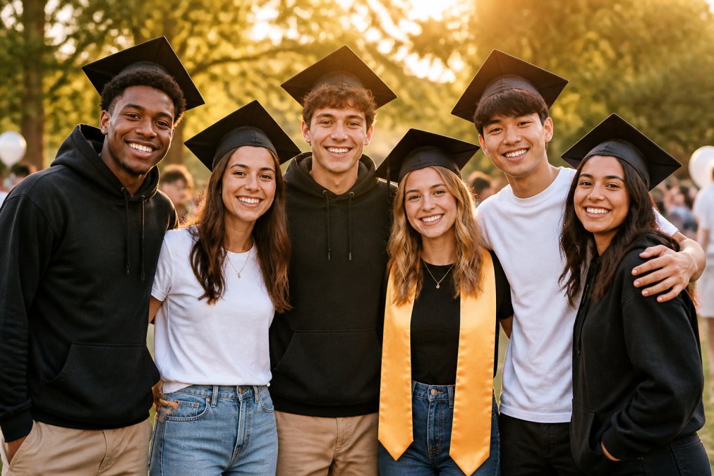 Group of recent graduates wearing coordinated custom apparel at an outdoor celebration, mixing personalized t-shirts with custom hoodies and graduation sashes, golden hour lighting