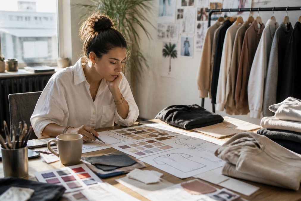 Small creator at desk reviewing personalized apparel mockups on laptop screen, with design sketches and fabric swatches scattered across the workspace, natural window lighting