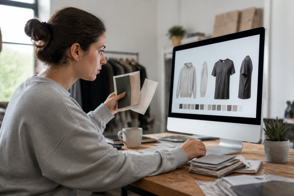 Creator examining personalized apparel design on computer screen while holding fabric swatch samples, reviewing mockup details with focused expression in bright studio workspace