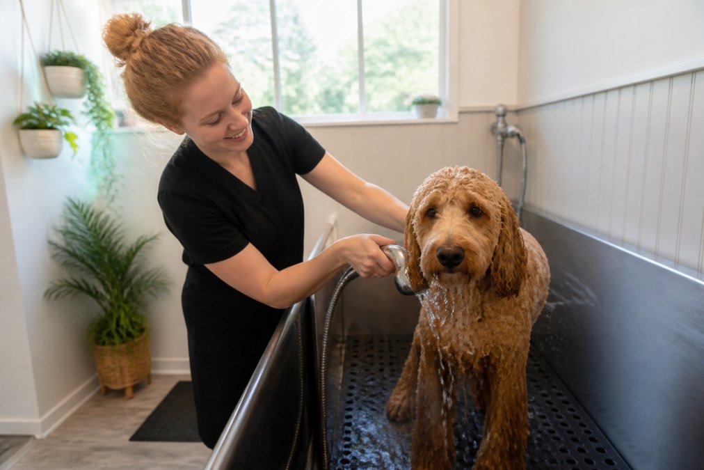 Professional groomer giving personalized attention to a calm doodle during a gentle, stress-free bath.