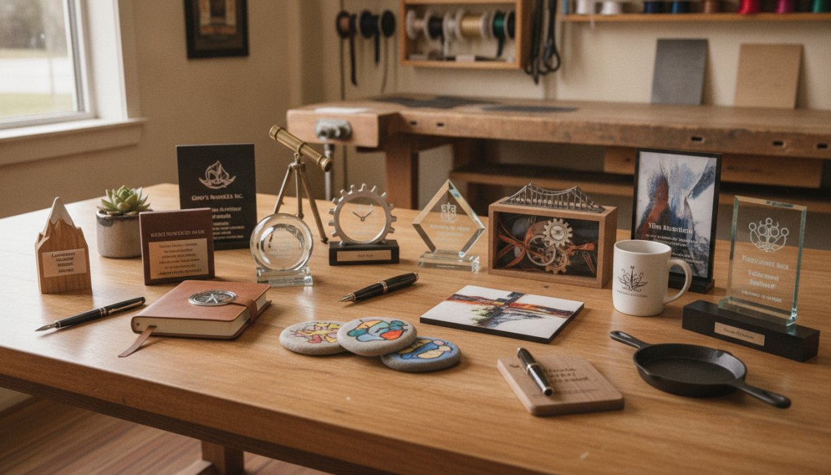 Close-up of an engraved crystal award and wooden plaque displayed on an office desk with soft lighting highlighting the personalized details and company logo