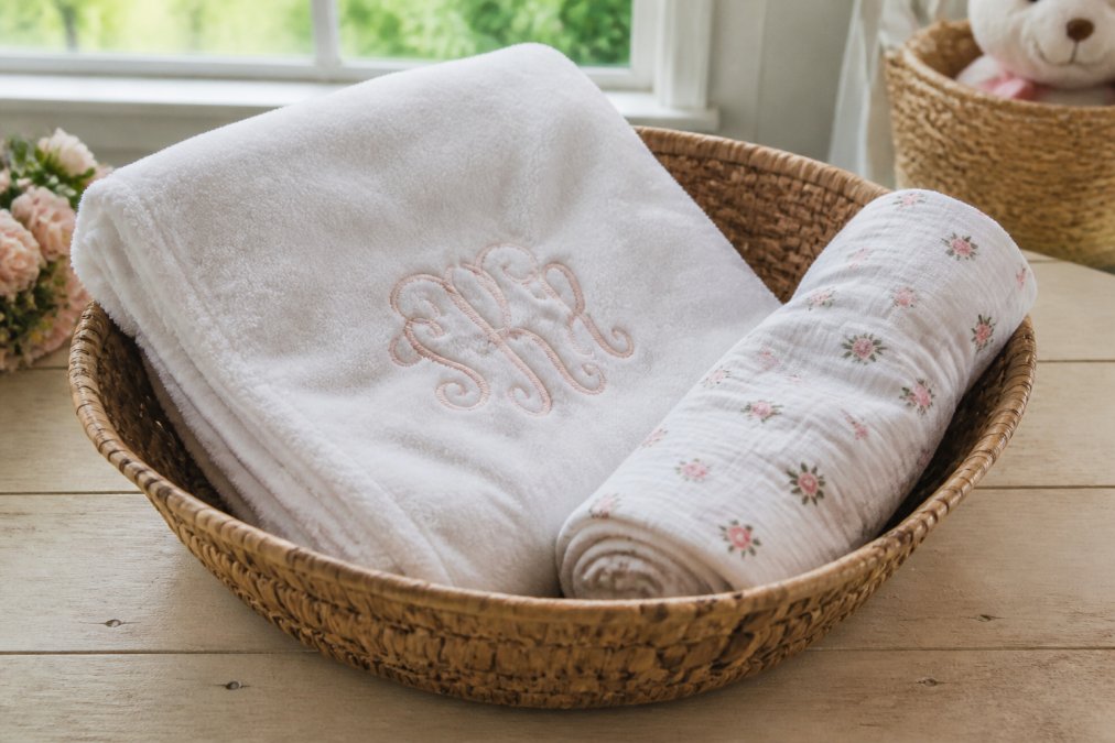 A soft, folded embroidered baby blanket with a monogram, resting in a woven basket alongside a swaddle, on a light wooden surface with natural window light