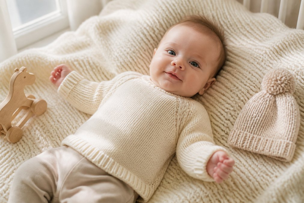 A baby wearing a personalized hand-knitted sweater with an embroidered name, lying on a soft cream blanket in a bright nursery, a wooden toy and knit hat nearby, soft morning window light