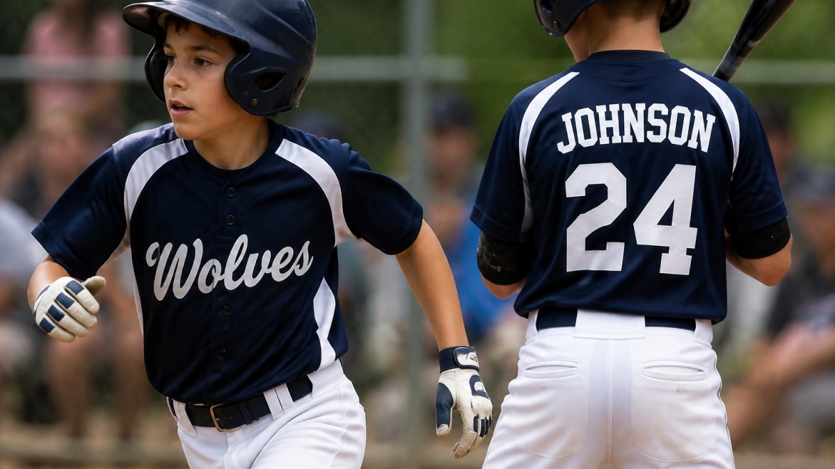 Infographic showing the customization process for team names, player names, and numbers on youth baseball jerseys.