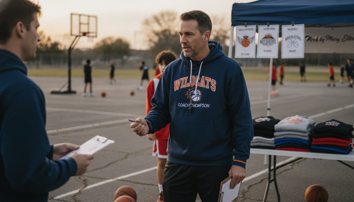 Professional illustration showing basketball and coach and wearing concepts for personalized basketball hoodies for coaches