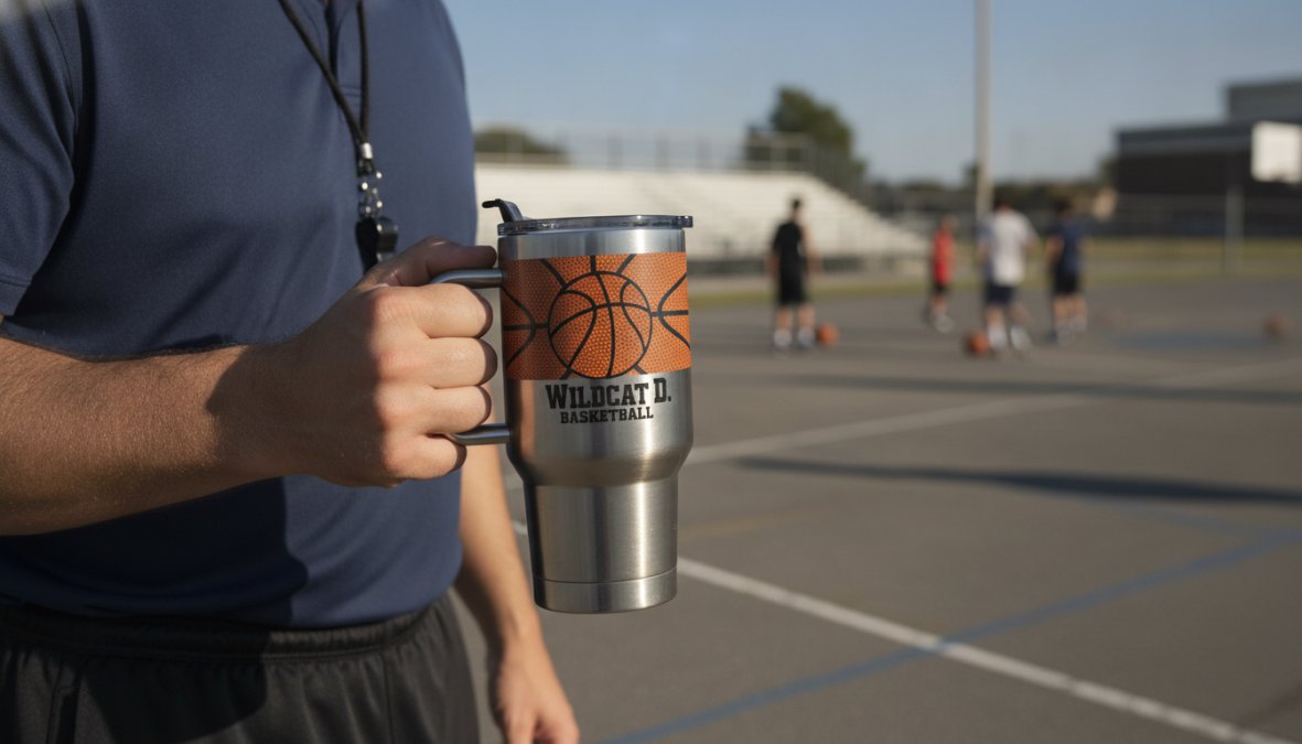 Professional illustration showing personalized basketball travel mugs for coaches