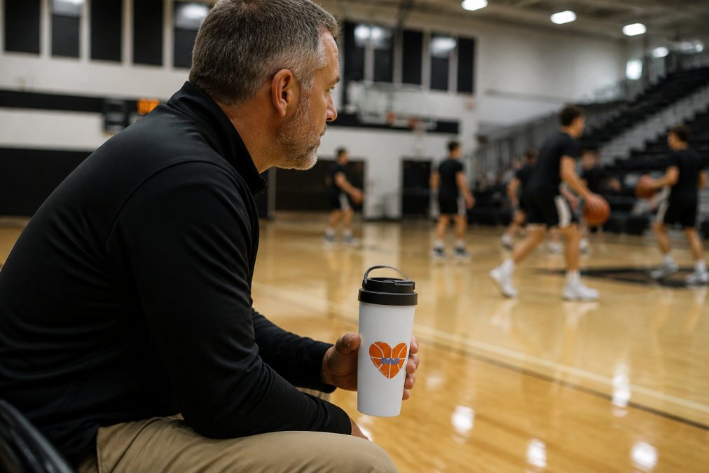 Basketball coach holding a personalized stainless steel travel mug on the sidelines during a game, with team players visible in the background warming up