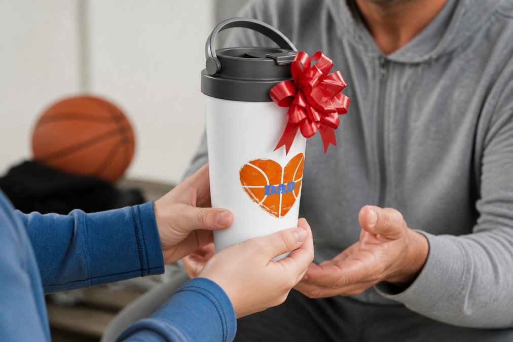 Close-up of a personalized basketball travel mug with custom text and logo being presented as a gift with appreciation ribbon