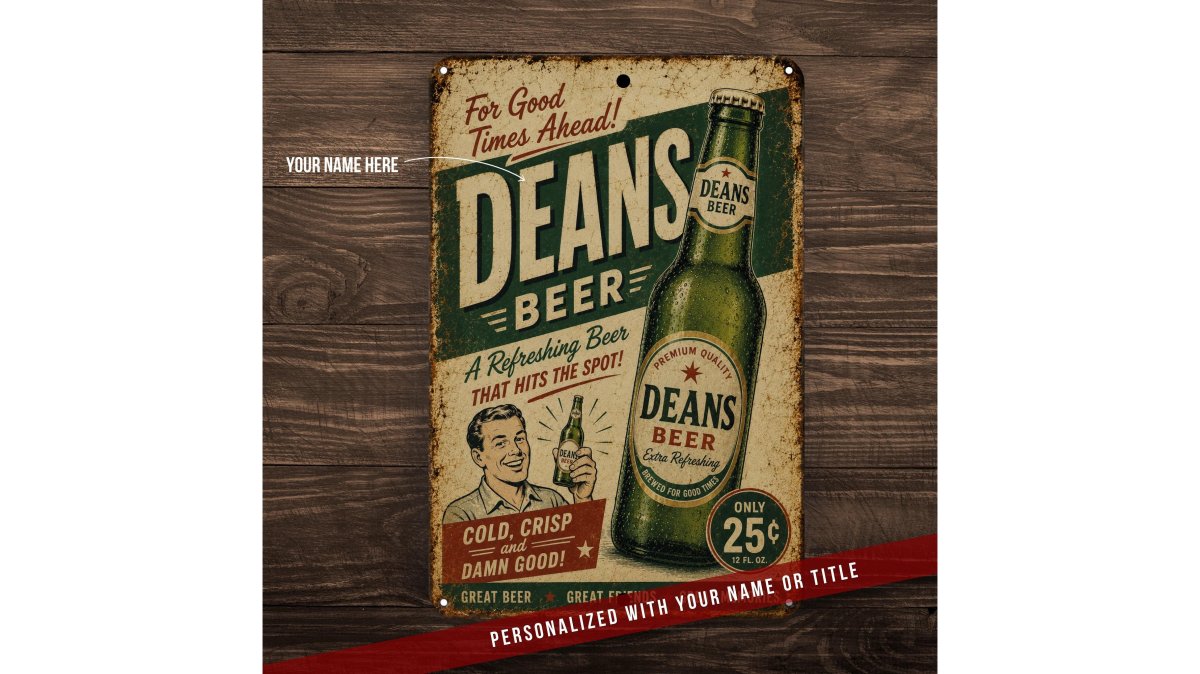 Apartment wall displaying personalized aluminum signs mounted with clear adhesive strips and removable hooks, showing a curated man cave aesthetic with vintage beer and bar signs without any visible holes or wall damage