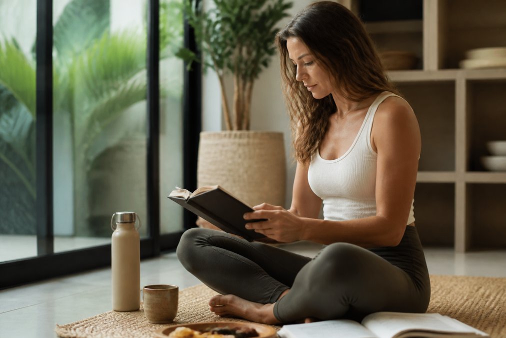 Woman in a wellness setting reviewing her health data on a tablet, surrounded by wellness items like a water bottle and journal, with natural lighting