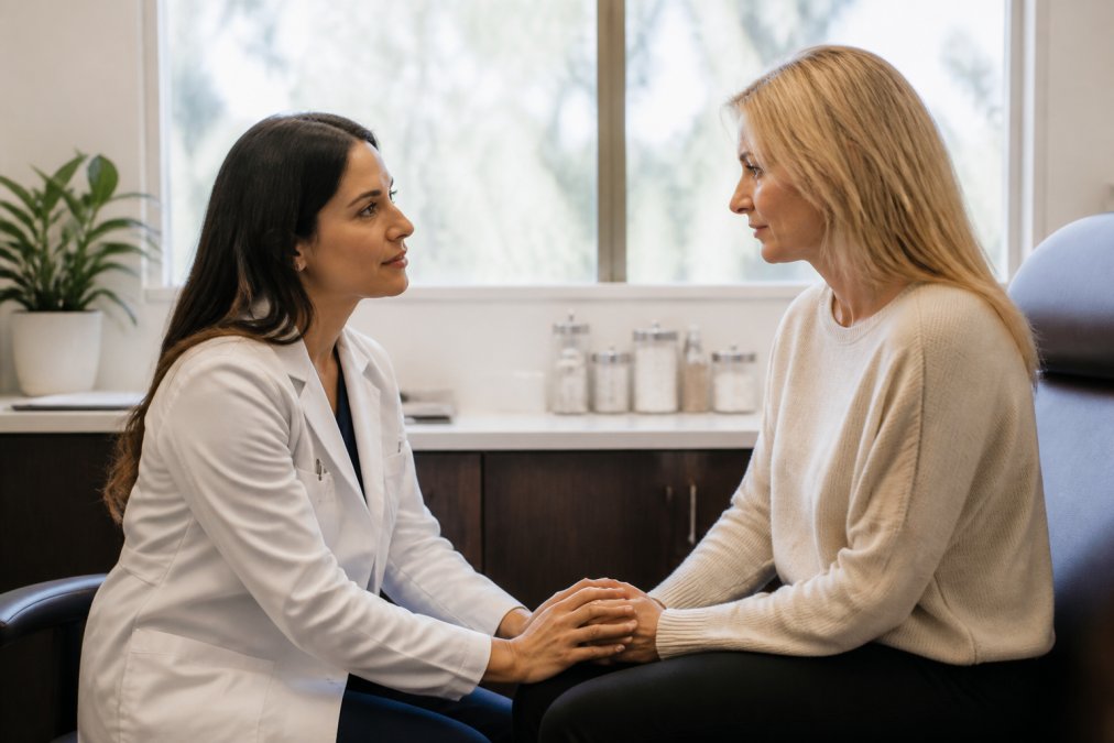 Professional healthcare consultation between a woman and medical practitioner in a modern clinical office, discussing health metrics on a screen