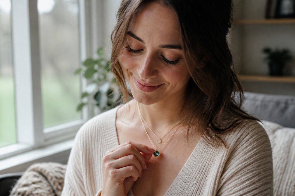 Woman in her thirties wearing a delicate layered birthstone necklace while smiling in a sunlit home setting