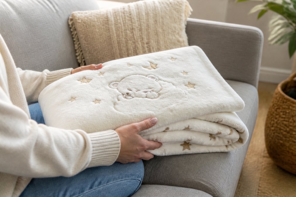 Hands holding a soft personalized blanket embroidered with a name and birthdate on a cozy sofa