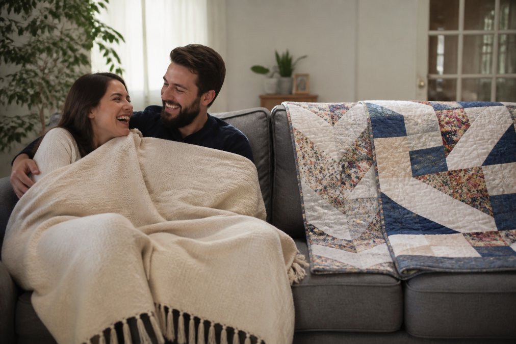 A couple in their thirties laughing on a gray couch, wrapped in a soft cream woven blanket with a visible personalized message, while a neatly folded patchwork quilt drapes over the sofa back in a warm, sunlit living room