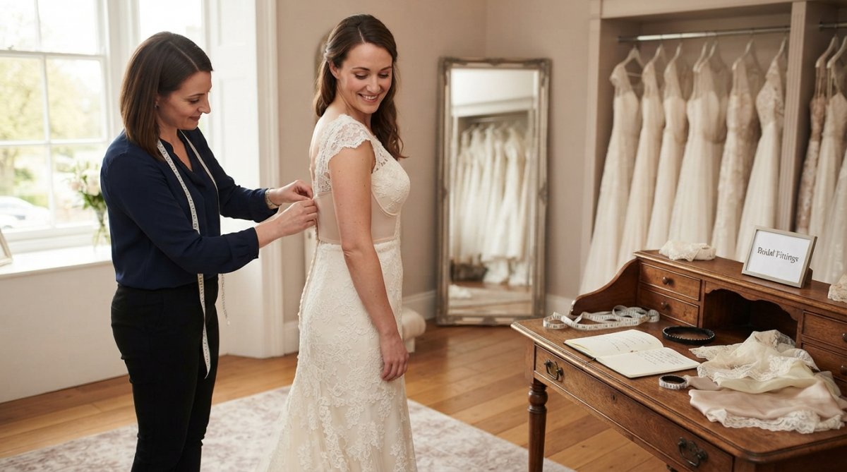 A bride wearing her wedding dress while a professional bra fitting specialist carefully adjusts the undergarment to ensure perfect support and comfort, with soft natural lighting and elegant bridal boutique surroundings