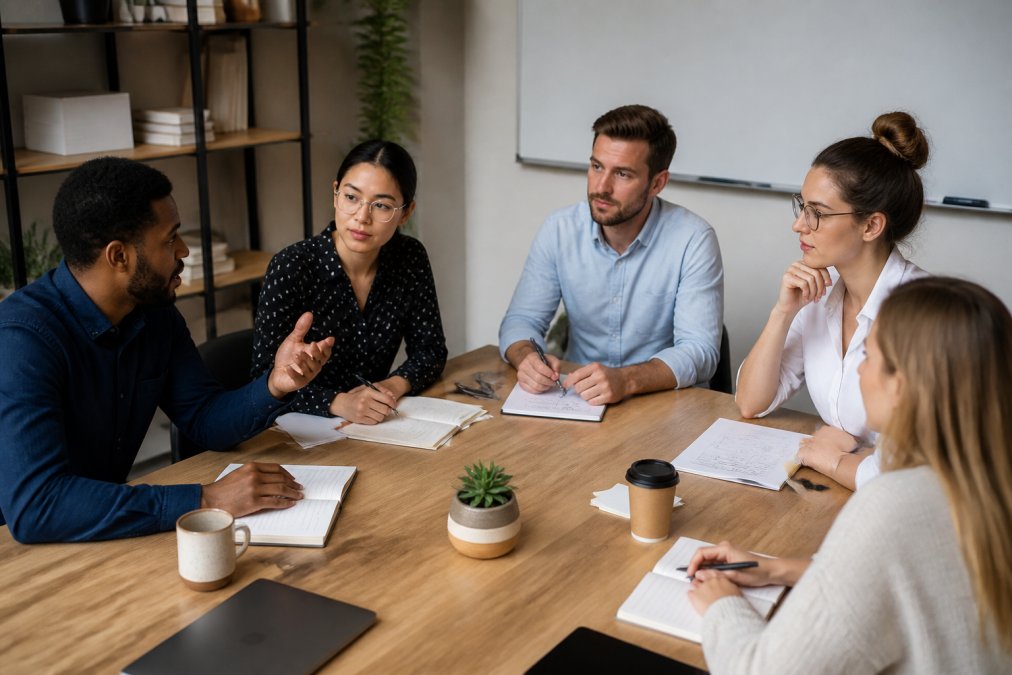 A diverse startup team of four people collaborating around a wooden table during a strategy session, with notebooks, laptops, and a whiteboard visible in the background, natural daylight from large windows
