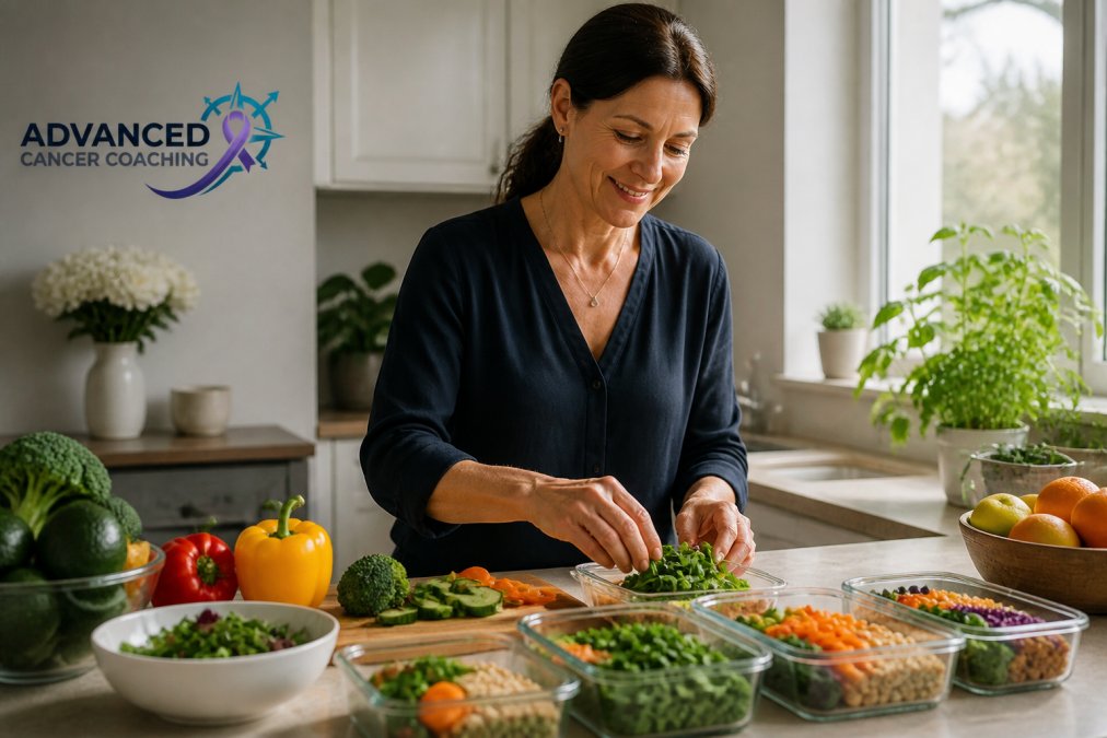 Person preparing fresh vegetables and whole foods in a bright kitchen, organized meal prep containers visible on counter with natural morning light