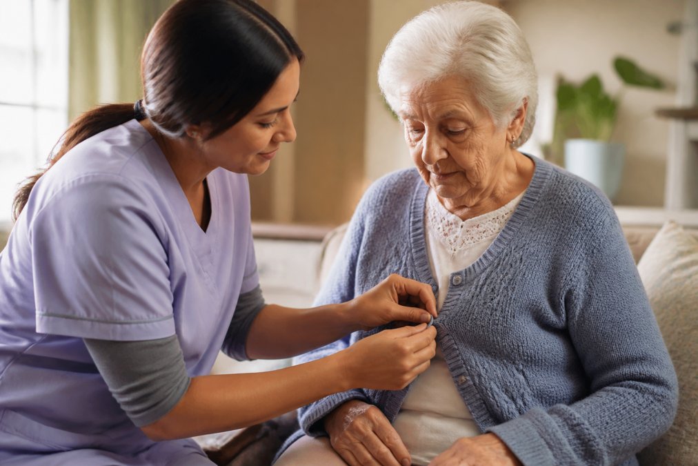 A caregiver gently helping an older adult with dementia button a cardigan in a warm, home-like living room with soft natural light