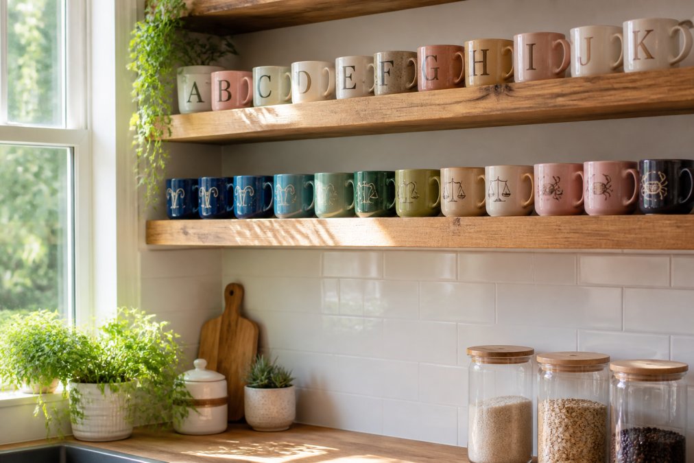 Bright modern kitchen with personalized ceramic mugs displayed on open wooden shelving at eye level, showing alphabet and zodiac designs arranged by color, with natural sunlight streaming through window illuminating the glossy ceramic finishes
