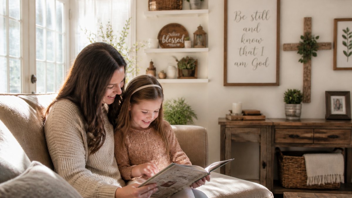 Cozy living room corner with personalized Christian home décor including wooden scripture signs, framed Bible verses, and faith-inspired pieces displayed on shelves and accent walls, warm natural sunlight streaming through windows