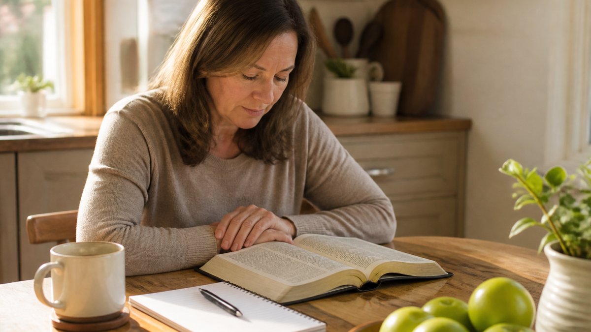 A person sitting at a kitchen table in soft morning light, open Bible beside a notebook and pen, hands resting quietly on the pages