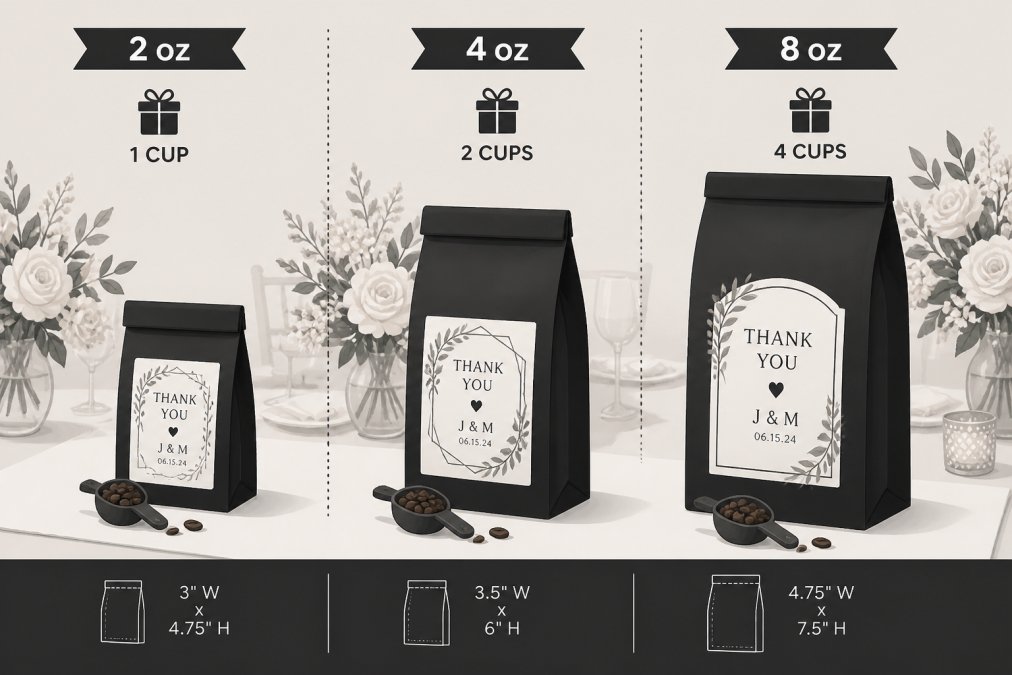 Assorted personalized coffee bags with custom labels arranged on a white linen table runner at a wedding reception, showing 2-ounce, 4-ounce, and 8-ounce sizes side by side with soft floral arrangements in the background