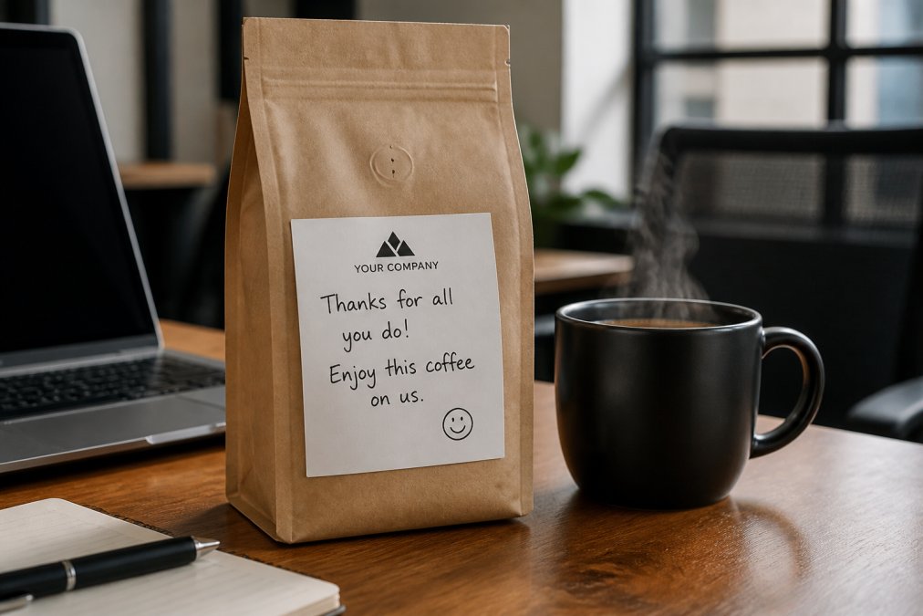Close-up of a personalized coffee bag with a custom label showing a company logo and handwritten note, sitting on a desk beside a laptop and a steaming cup of coffee