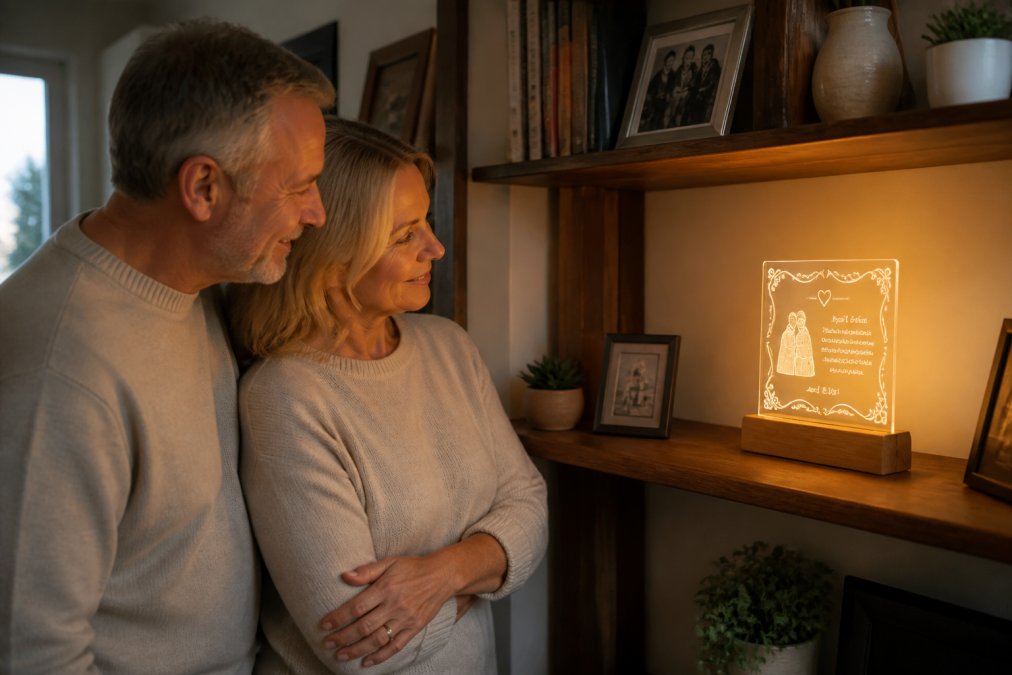 Couple in their 50s standing together in their living room, admiring a custom acrylic plaque with their wedding date and heartfelt message displayed on a wooden shelf, warm ambient lighting highlighting the soft glow of the LED base