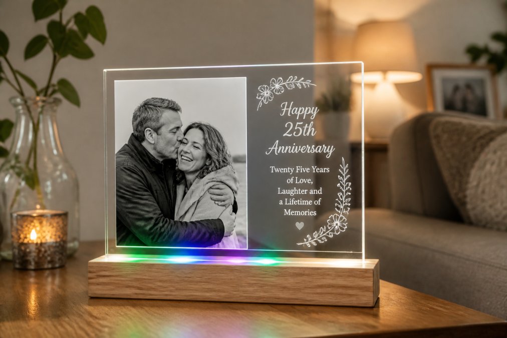 Close-up of a custom square acrylic plaque with engraved anniversary text and a couple's photo, sitting on a wooden LED base with soft multicolor lighting in a warm living room setting