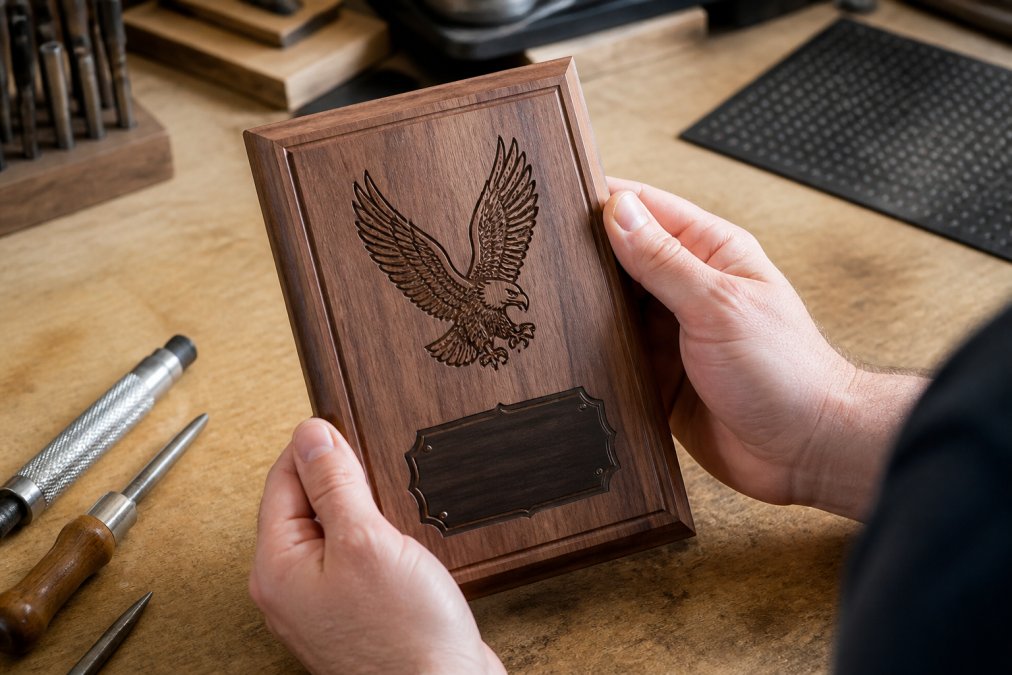 Close-up of hands holding a laser-engraved wooden award plaque with fine detail visible, sitting on a workshop table with engraving tools nearby