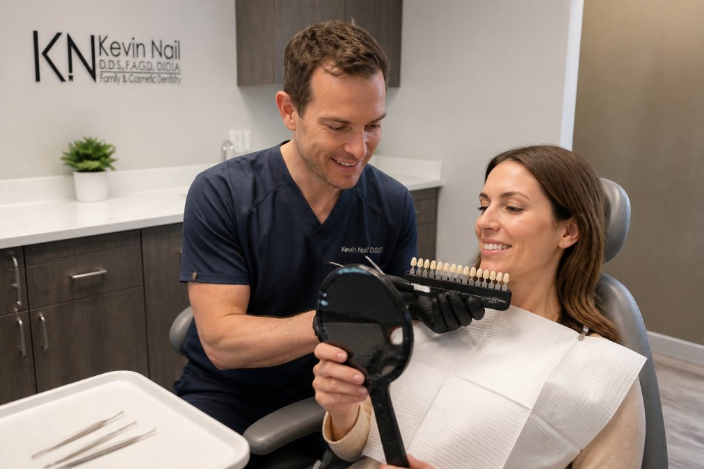 Patient in dental chair during consultation with dentist examining teeth and discussing smile design options in modern dental office with advanced imaging equipment visible