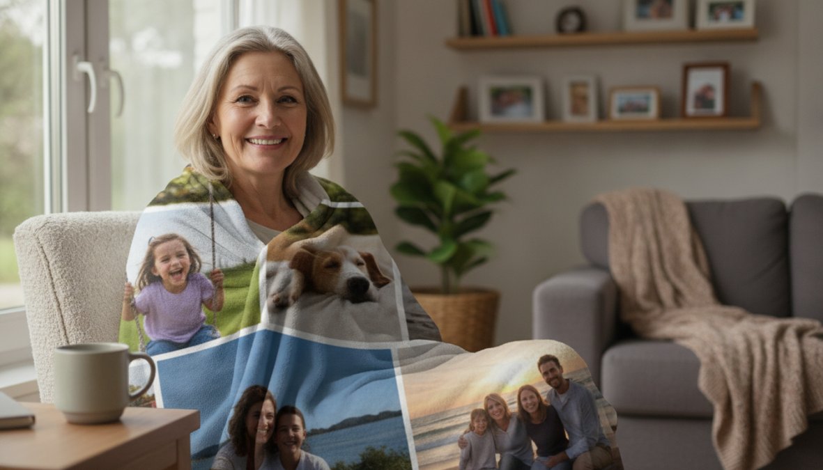 Mother wrapped in a soft personalized photo blanket showing family photos, smiling warmly in a cozy home setting with natural window lighting