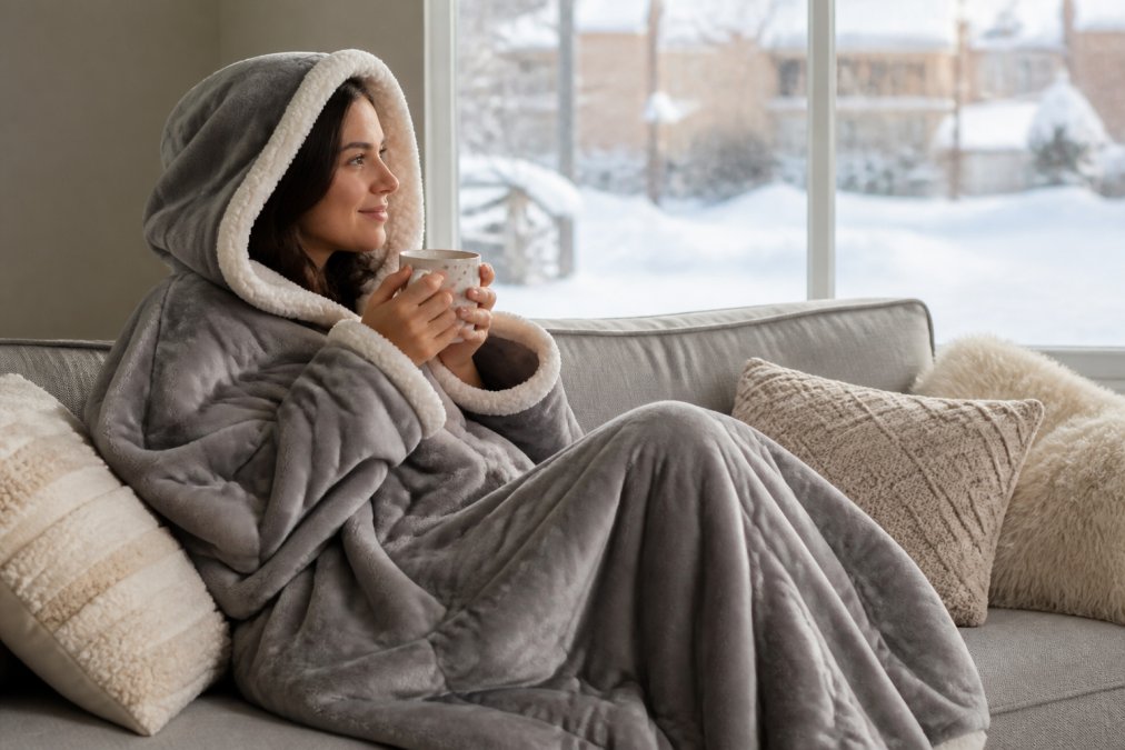 Person wrapped in a plush hooded sherpa cozy blanket holding a warm mug on a couch during winter