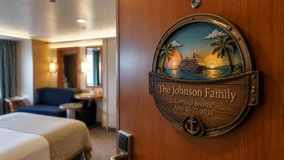 Close-up of a personalized magnetic cruise cabin door sign displaying a family name and ship details mounted on a stateroom door under warm ship lighting, with cabin fixtures visible in the background