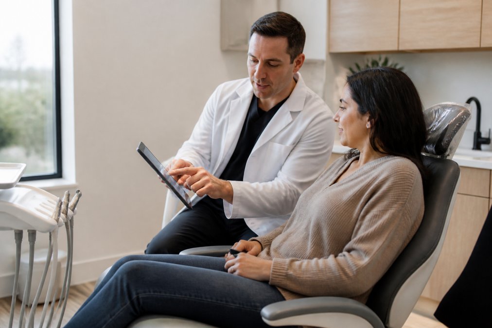 A dentist in a modern, softly lit office reviewing a patient's digital records on a tablet while the patient sits comfortably in the reclined chair