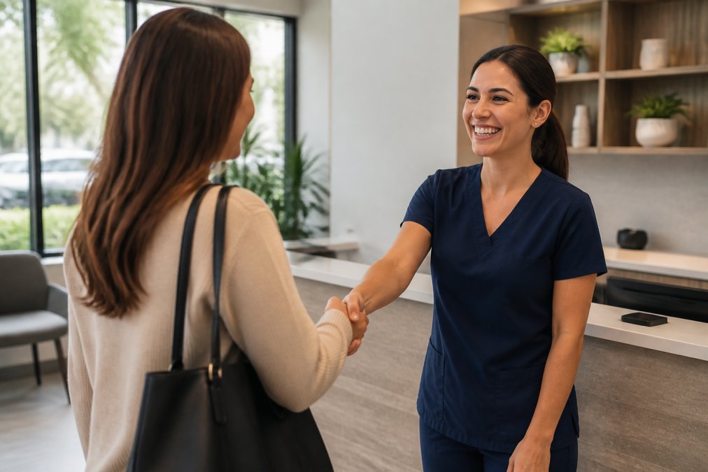 A dentist in a modern, comfortable clinic warmly greeting a patient in the reception area, soft natural lighting through large windows