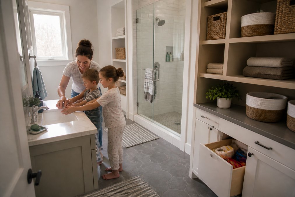 Young family with children in a bright, practical bathroom with accessible storage, durable tile flooring, and organized shelving designed for function and easy cleaning