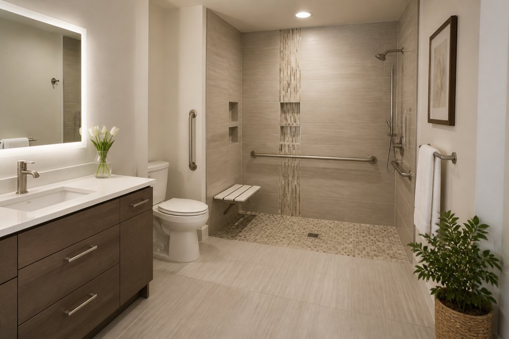 Modern accessible bathroom with smooth walk-in shower, integrated grab bars, clear sightlines, non-slip flooring, and adequate lighting for safety and independence