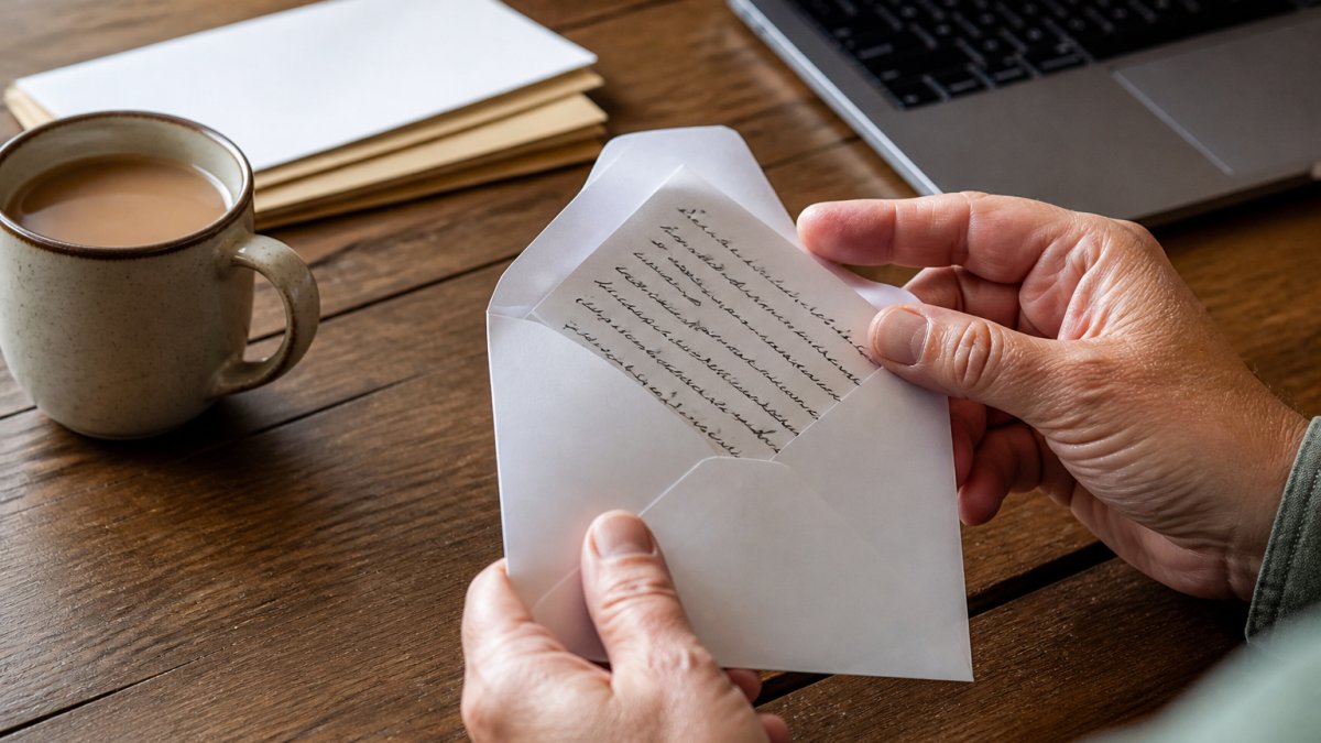 Close-up of a person's hands opening a handwritten envelope at a wooden desk, with a cup of tea and a laptop slightly out of focus in the background