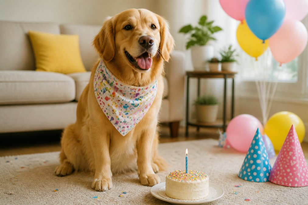 Golden retriever wearing a colorful bandana next to a birthday cake with party decorations in a sunlit living room