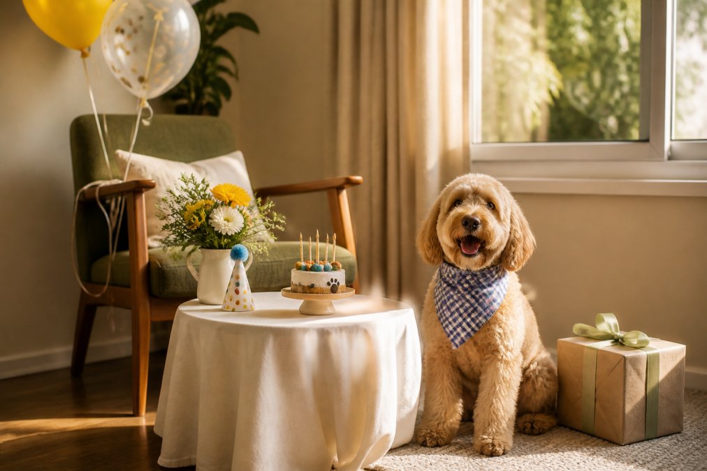 Infographic showing personalized dog birthday gift ideas for a cozy, small-space party setup with a pet-safe cake.