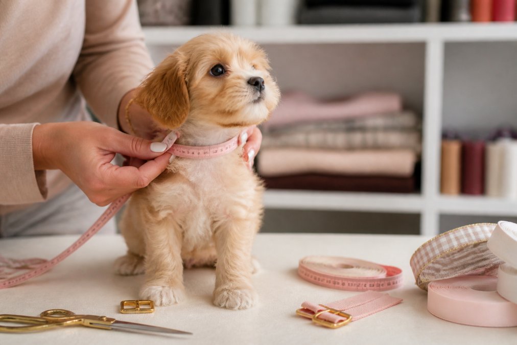 Close-up of a person's hands gently wrapping a soft measuring tape around a small puppy's neck, with the puppy sitting calmly on a light-colored surface