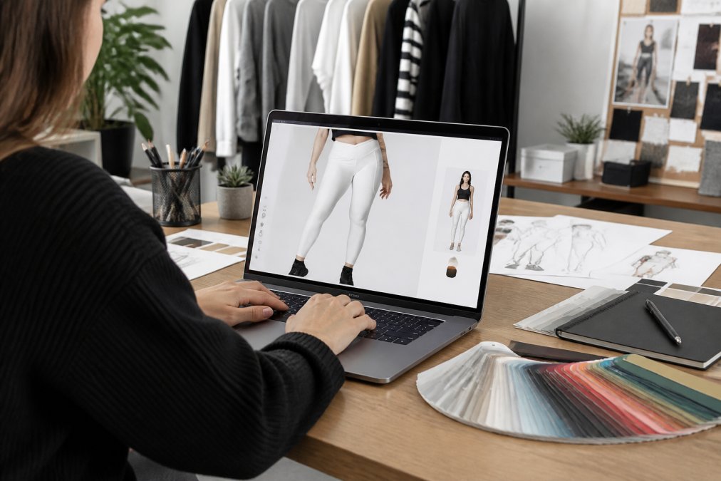 Designer working at laptop with AI design interface open, showing personalized fashion mockups on screen in bright creative workspace with color swatches visible