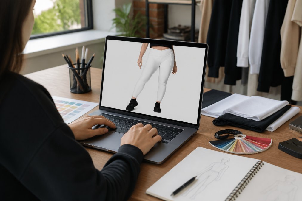 Content creator designing custom apparel mockup at laptop, hands visible near keyboard with vibrant color options and design tools displayed on screen, modern workspace with natural light