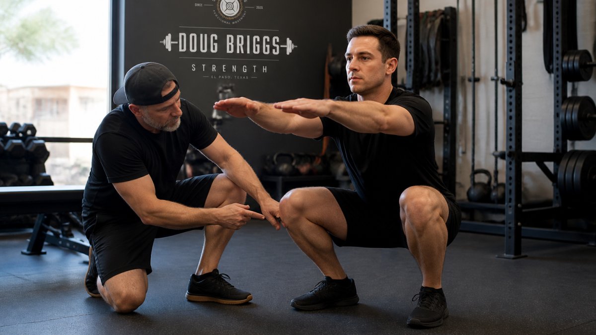 Strength coach observing a client's squat form during a personalized fitness coaching movement assessment.