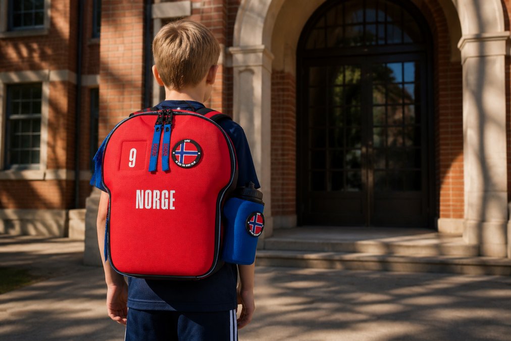 Young boy wearing a personalized football backpack with custom name and number patch on the back, standing in front of a brick school building with morning sunlight casting shadows across the entrance
