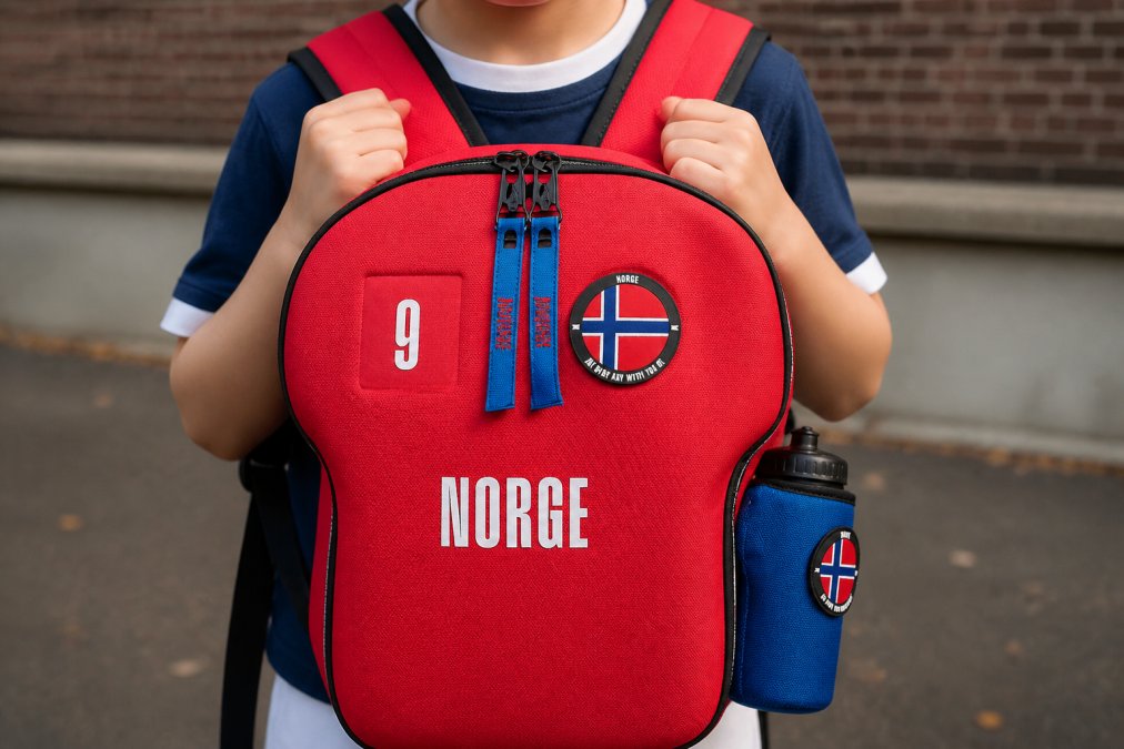 Close-up of a child's hands gripping the shoulder straps of a customized football-themed backpack, with visible team logo patch and magnetic player number attachment, photographed in natural daylight