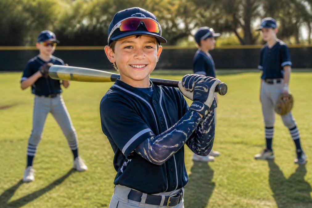 Young athlete in personalized sports gear and arm sleeves, smiling with confidence during a youth sports practice on a sunny field with teammates in the background